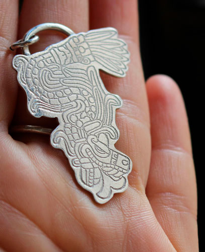 Feathered serpent, Aztec god Quetzalcoatl pendant in sterling silver