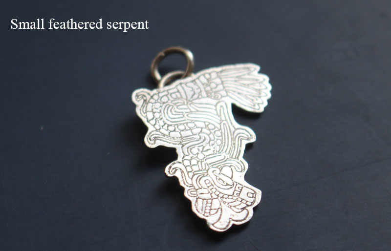 Feathered serpent, Aztec god Quetzalcoatl pendant in sterling silver