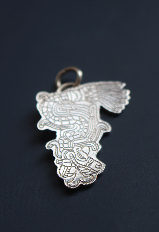Feathered Serpent, Kukulkan Maya god pendant in sterling silver