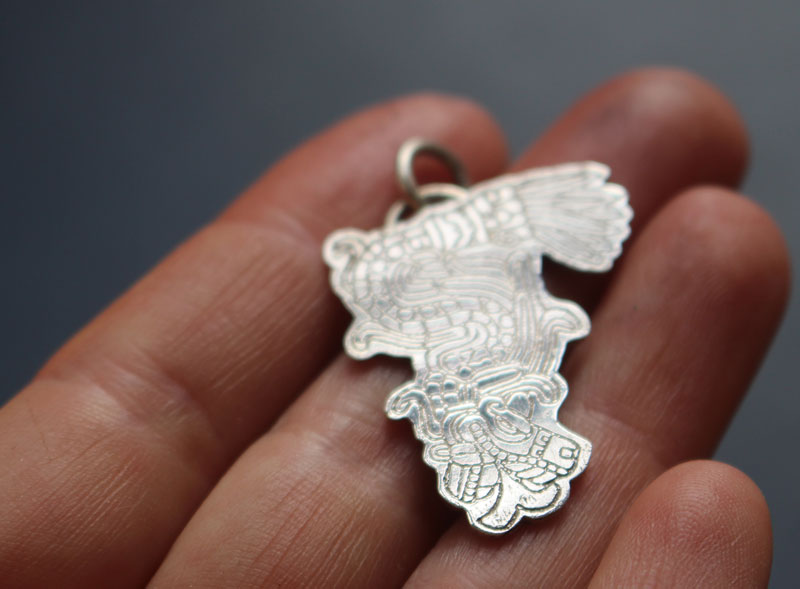 Feathered Serpent, Quetzalcoatl aztec god pendant in sterling silver