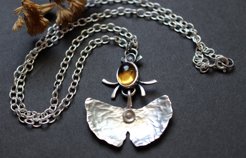 Firefly, ginkgo leaf necklace in sterling silver and citrine