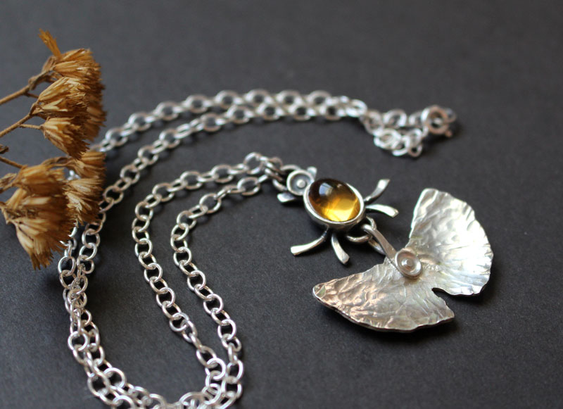 Firefly, ginkgo leaf necklace in sterling silver and citrine