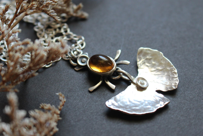 Firefly, ginkgo leaf necklace in sterling silver and citrine