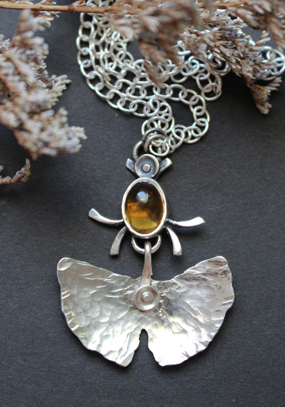 Firefly, ginkgo leaf necklace in sterling silver and citrine