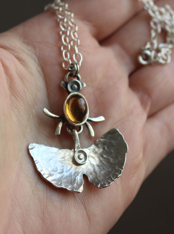 Firefly, ginkgo leaf necklace in sterling silver and citrine