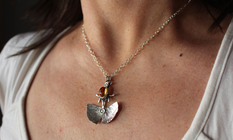 Firefly, ginkgo leaf necklace in sterling silver and citrine