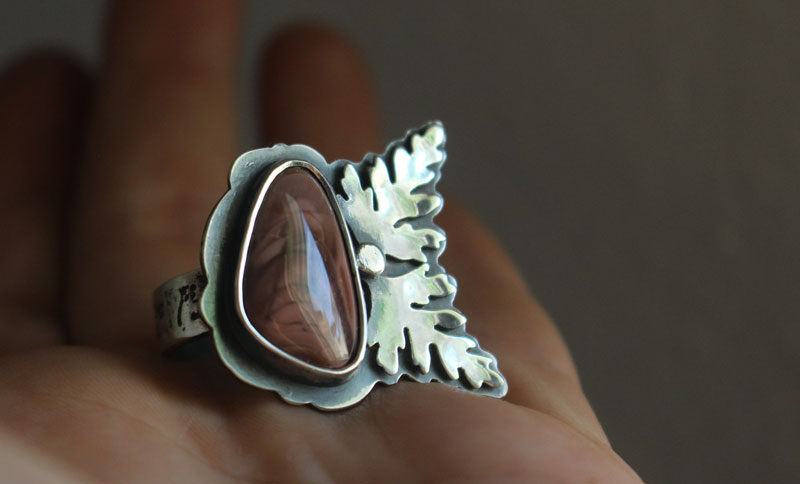 Flowering, botanical ring in silver and imperial jasper