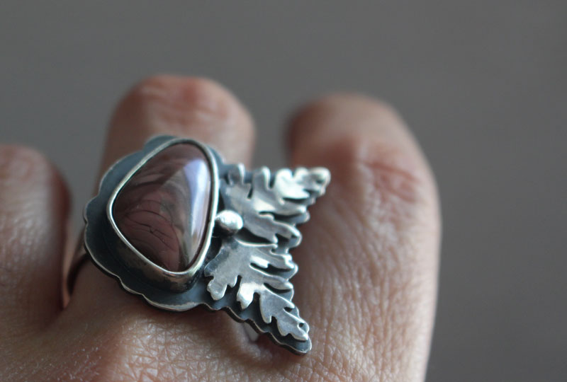 Flowering, botanical ring in silver and imperial jasper