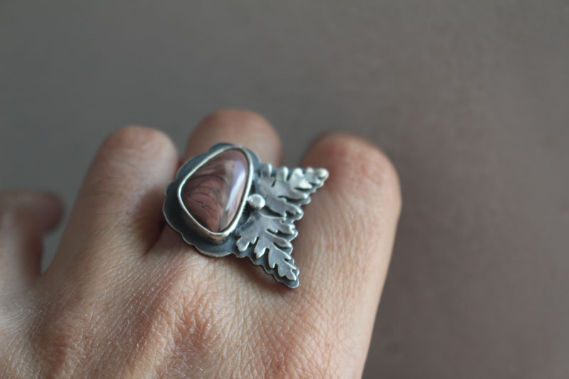Flowering, botanical ring in silver and imperial jasper
