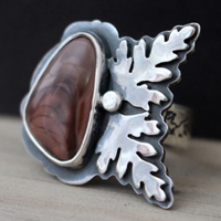 Flowering, botanical ring in silver and imperial jasper