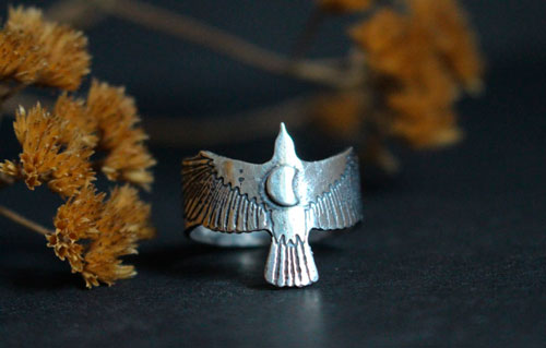 Follow your destiny, crow and crescent moon ring in sterling silver