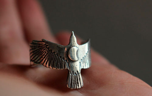 Follow your destiny, crow and crescent moon ring in sterling silver