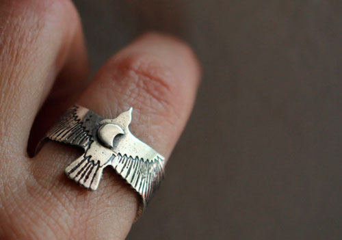 Follow your destiny, crow and crescent moon ring in sterling silver
