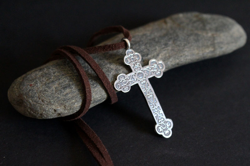 Forged cross, trefoil cross with spiral necklace in sterling silver