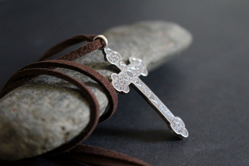 Forged cross, trefoil cross with spiral necklace in sterling silver