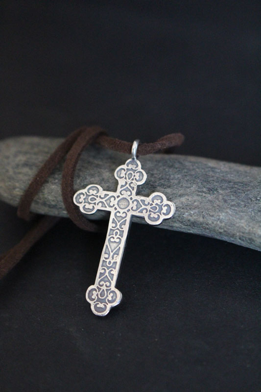 Forged cross, trefoil cross with spiral necklace in sterling silver