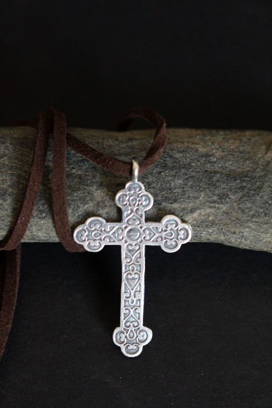 Forged cross, trefoil cross with spiral necklace in sterling silver