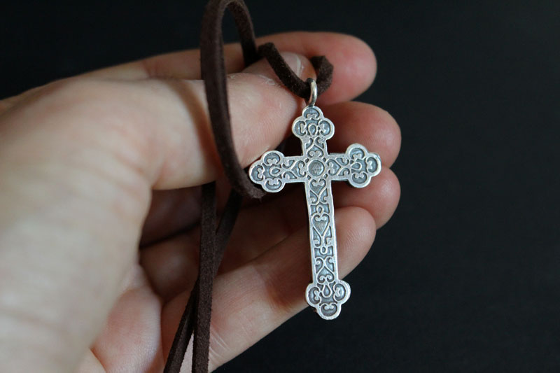 Forged cross, trefoil cross with spiral necklace in sterling silver