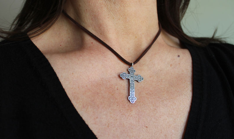 Forged cross, trefoil cross with spiral necklace in sterling silver