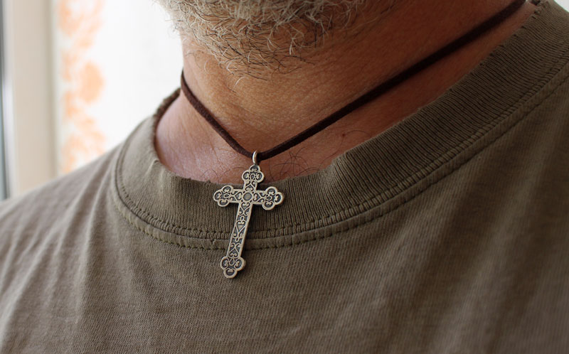 Forged cross, trefoil cross with spiral necklace in sterling silver