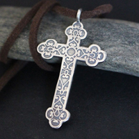 Forged cross, trefoil cross with spiral necklace in sterling silver