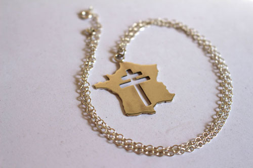 France history, map of France and cross of Lorraine pendant in silver