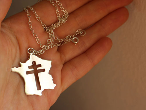 France history, map of France and cross of Lorraine pendant in silver