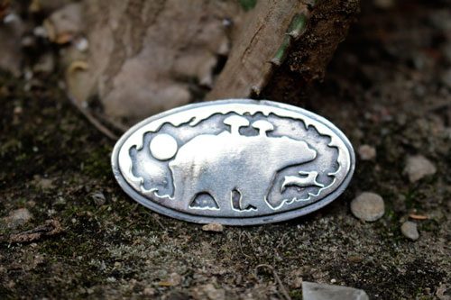 Freedom is a state of mind, bear and bunny brooch in silver