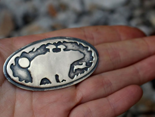 Freedom is a state of mind, bear and bunny brooch in silver
