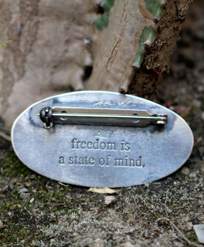 Freedom is a state of mind, bear and bunny brooch in silver