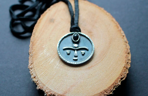 Gaia, African tribal mask necklace in silver and onyx