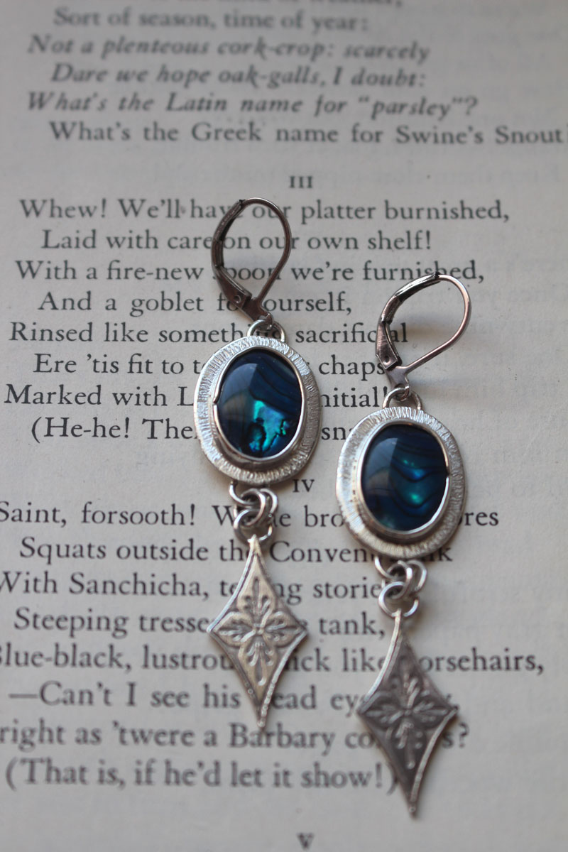 Galaxy, night sky earrings in silver and paua