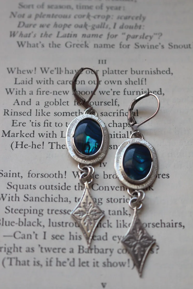 Galaxy, night sky earrings in silver and paua