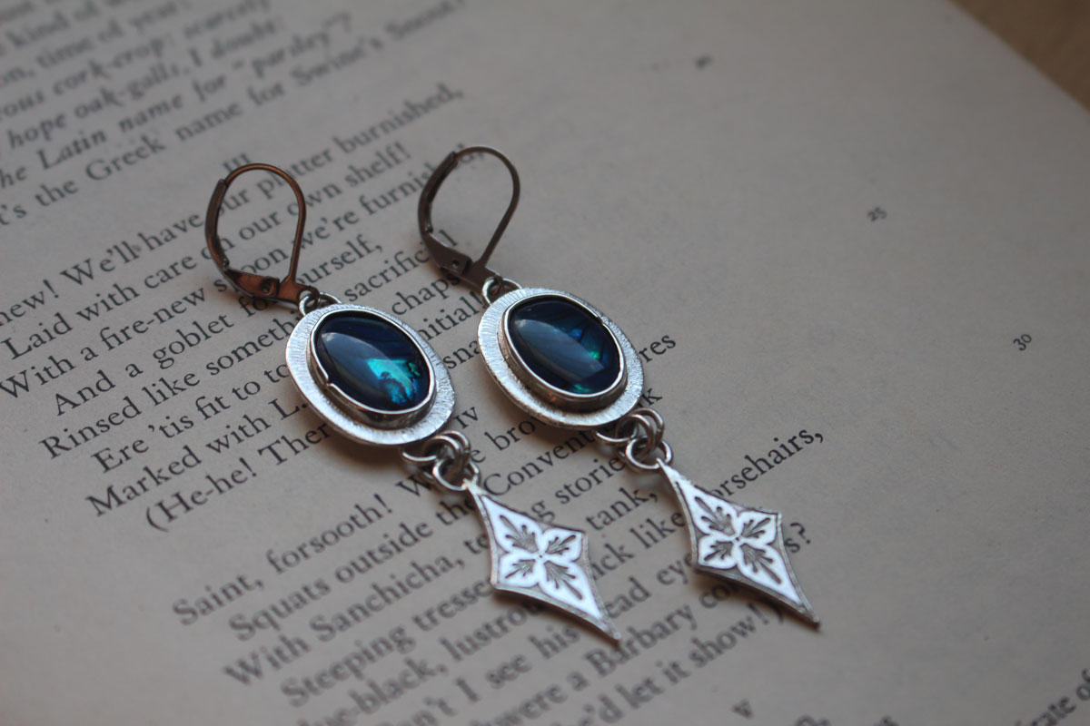 Galaxy, night sky earrings in silver and paua