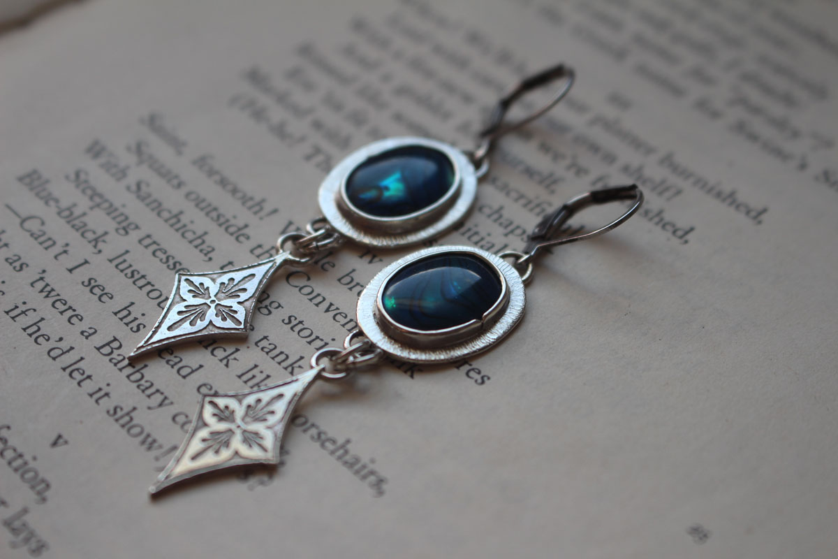 Galaxy, night sky earrings in silver and paua
