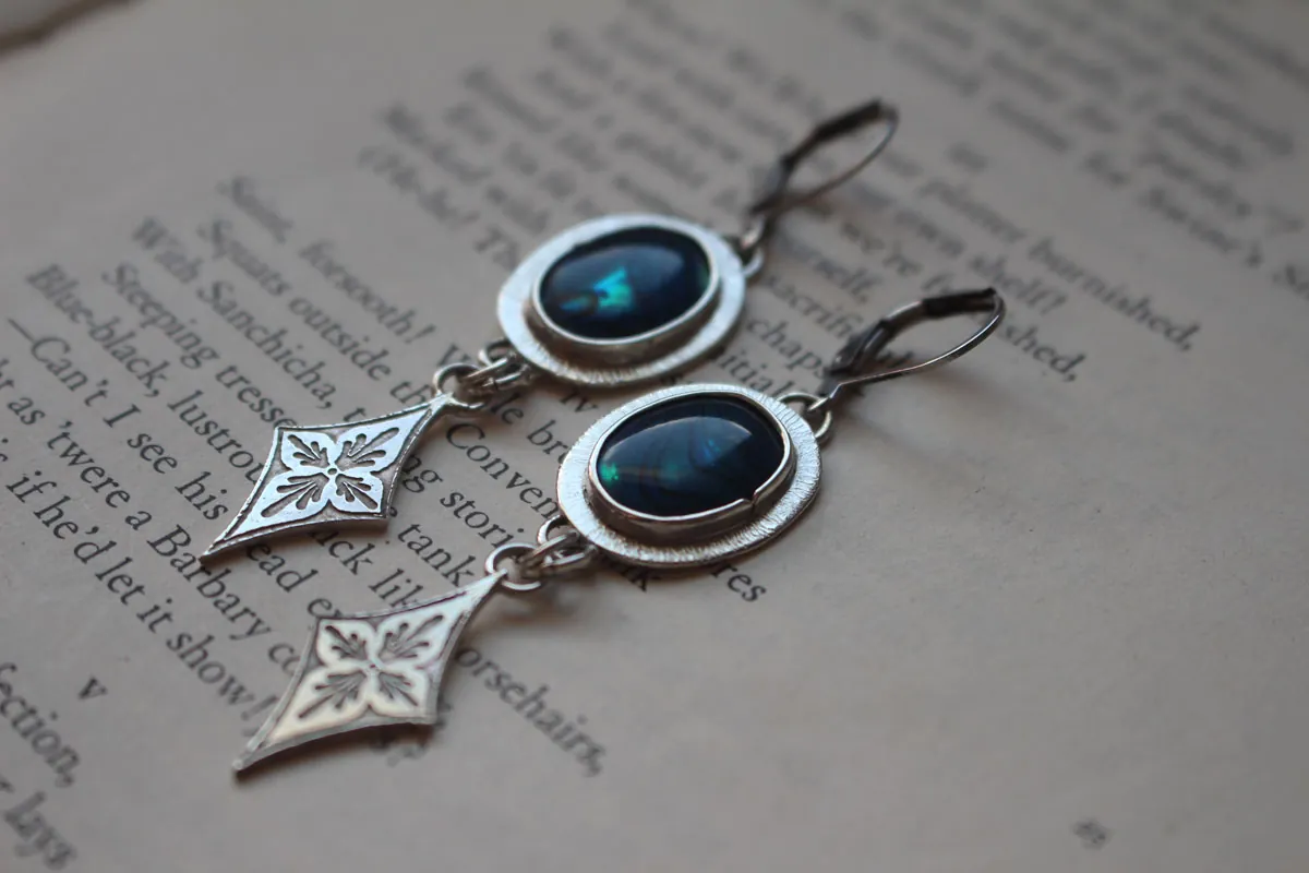 Galaxy, night sky earrings in silver and paua