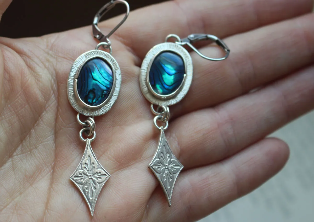 Galaxy, night sky earrings in silver and paua