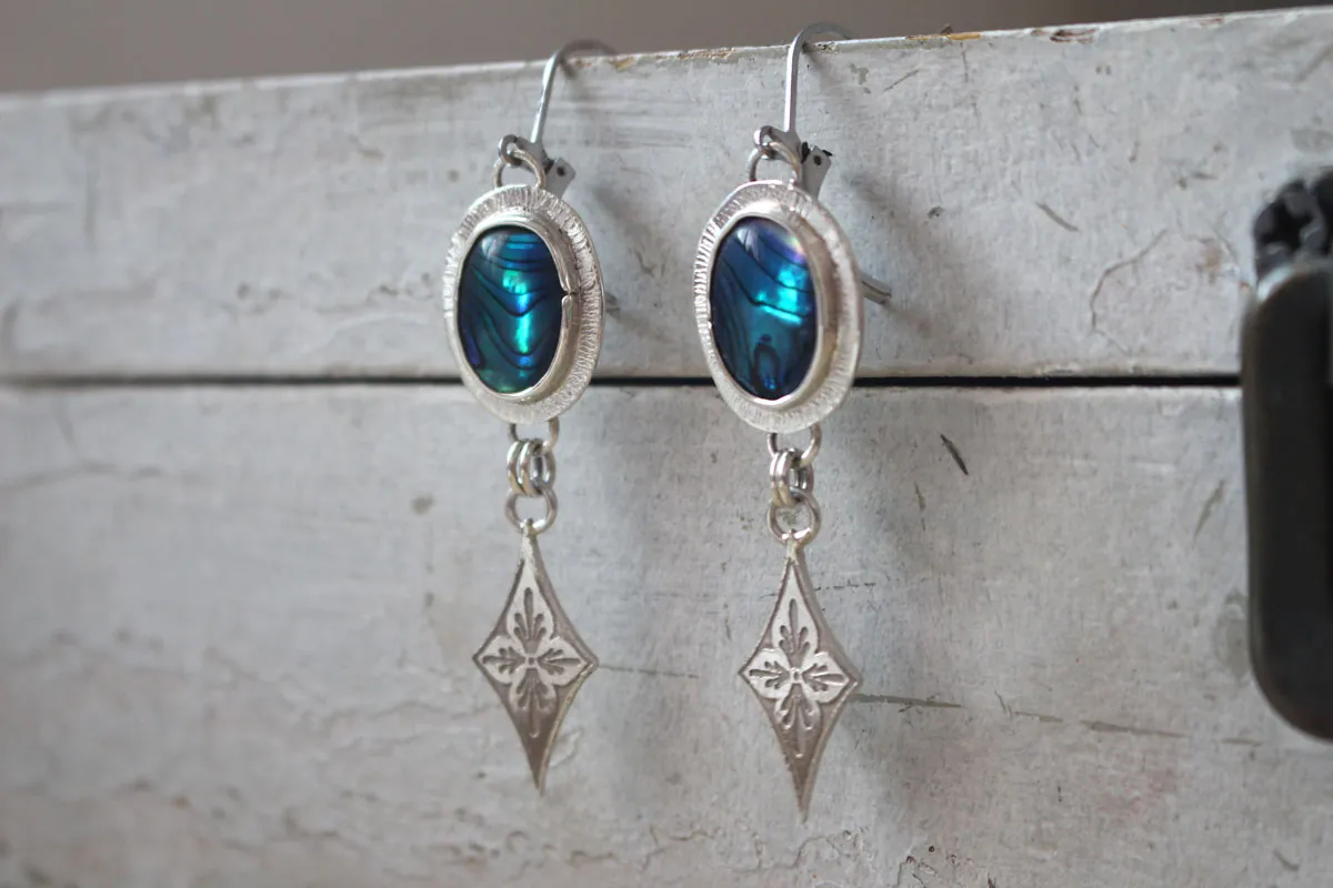 Galaxy, night sky earrings in silver and paua