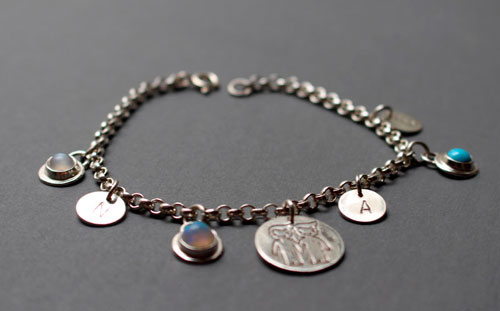 Genealogy, family birthstone bracelet in silver, opal, turquoise and moonstone