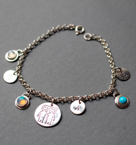 Genealogy, family birthstone bracelet in silver, opal, turquoise and moonstone