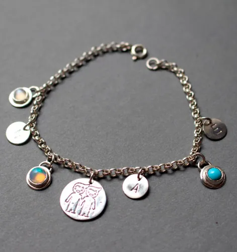Genealogy, family birthstone bracelet in silver, opal, turquoise and moonstone
