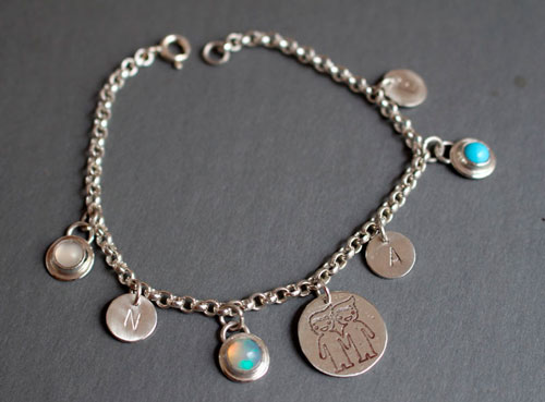 Genealogy, family birthstone bracelet in silver, opal, turquoise and moonstone