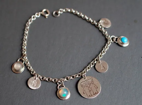 Genealogy, family birthstone bracelet in silver, opal, turquoise and moonstone