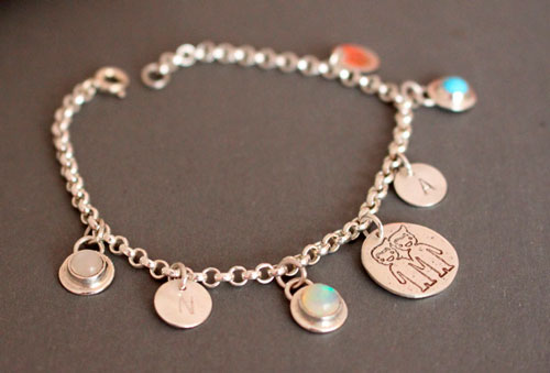 Genealogy, family birthstone bracelet in silver, opal, turquoise and moonstone