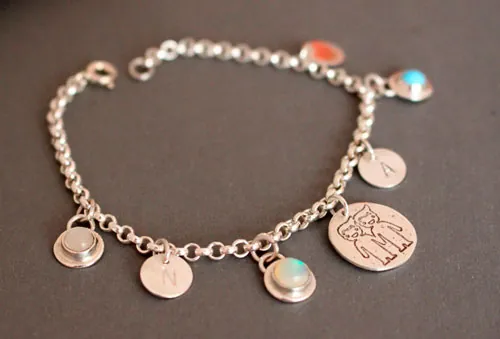 Genealogy, family birthstone bracelet in silver, opal, turquoise and moonstone