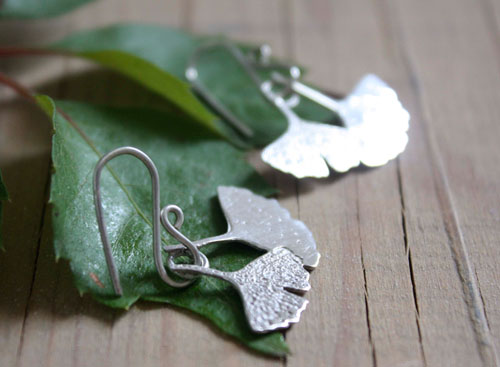 Ginkgo biloba, sacred Japanese leaf earrings in sterling silver
