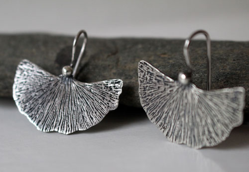 Ginkgo leaf, medicinal plant earrings in sterling silver