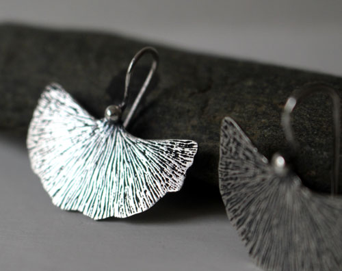 Ginkgo leaf, medicinal plant earrings in sterling silver