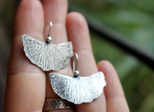 Ginkgo leaf, medicinal plant earrings in sterling silver