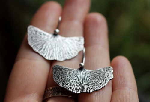 Ginkgo leaf, medicinal plant earrings in sterling silver